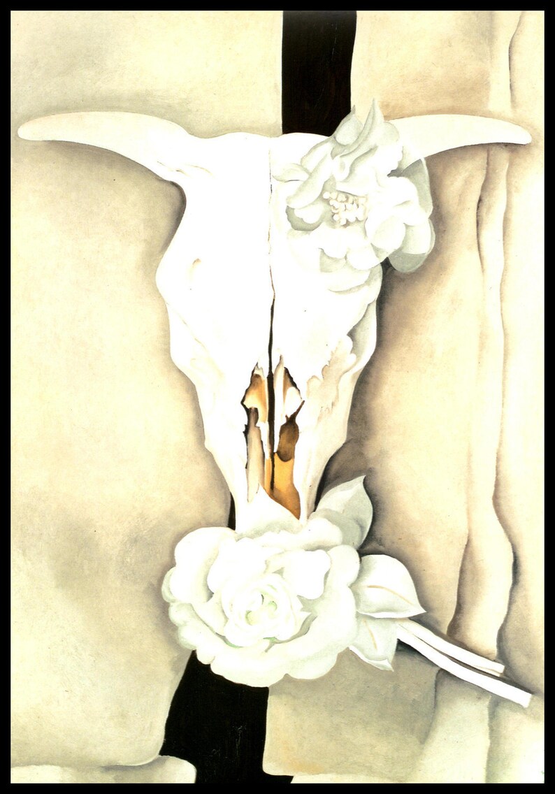 1931 O'Keeffe Print Skull with Calico Roses Oil Etsy