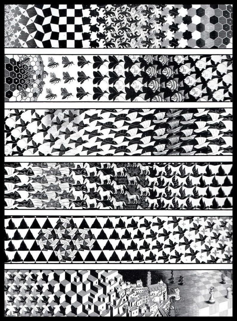 MC Escher Print, Escher Art, Metamorphosis, Circa 1967-68, Vintage Print, Book Plate Page, Fantasy Illustration, Ready To Frame image 1