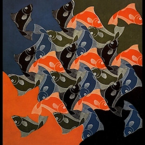 M C Escher Print, Escher Art, &quot;Fish&quot;, Circa 1942, Vintage Print, Book Plate Page, Fantasy Illustration, Ready To Frame