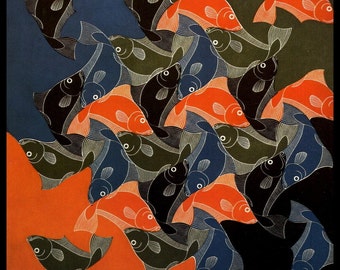 M C Escher Print, Escher Art, "Fish", Circa 1942, Vintage Print, Book Plate Page, Fantasy Illustration, Ready To Frame