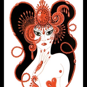 May include: A stylized illustration of a woman with black hair and a red jeweled headdress. She is wearing a red heart-shaped pendant and a red jeweled necklace. The background is white.