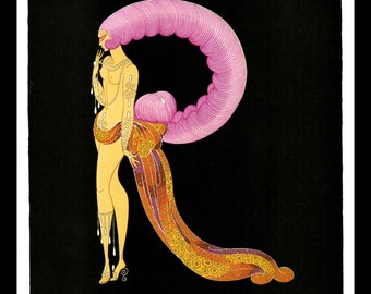 Erte Print, Alphabet Series "R", Original Vintage Art, Home Decor, Art Deco, Ready To Frame, Highly Decorative
