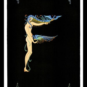 Erte Classic Art Deco Print, Alphabet Series "F", Original Vintage Art Print,  Ready To Frame, Highly Decorative