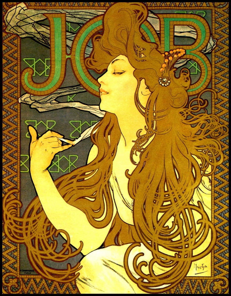 Art Nouveau Print Alfons Maria Mucha, Poster For JOB Cigarette Paper, Circa 1899, Lithograph, Ready For Framing image 1