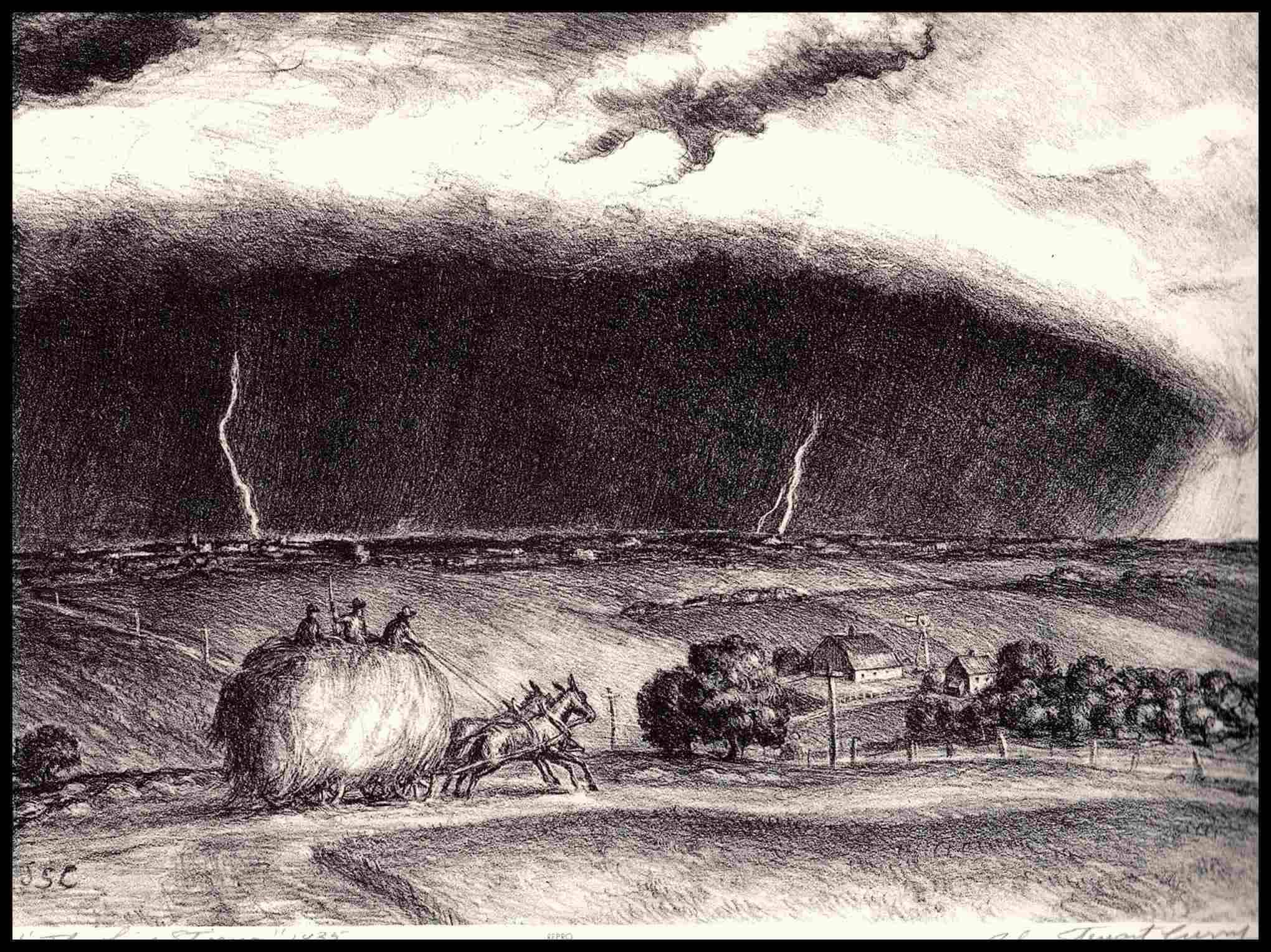 SIGNED JOHN STEUART CURRY "THE LINE STORM"" 193O's WPA ANTIQUE ART BOOK PRINT SIGNED JOHN STEUART CURRY "THE LINE STORM"" 193O's WPA ANTIQUE ART BOOK PRINT