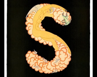 Erte Classic Art Deco Print, Alphabet Series "S", Original Vintage Art Print, Ready To Frame, Highly Decorative
