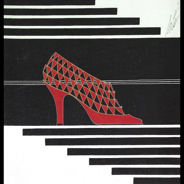 Erte  Vintage Art Deco Print, "Red Pump Designed for Delman Shoes", New York, 1934. Original Vintage Art Print, Wall Decor