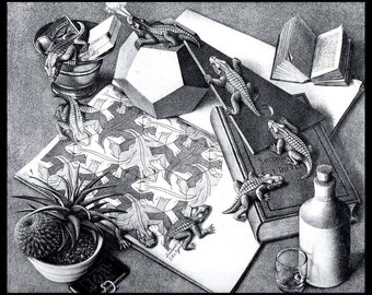 MC Escher Print, Escher Art, "Reptiles", Circa 1943, Vintage Print, Book Plate Page, Fantasy Illustration, Ready To Frame
