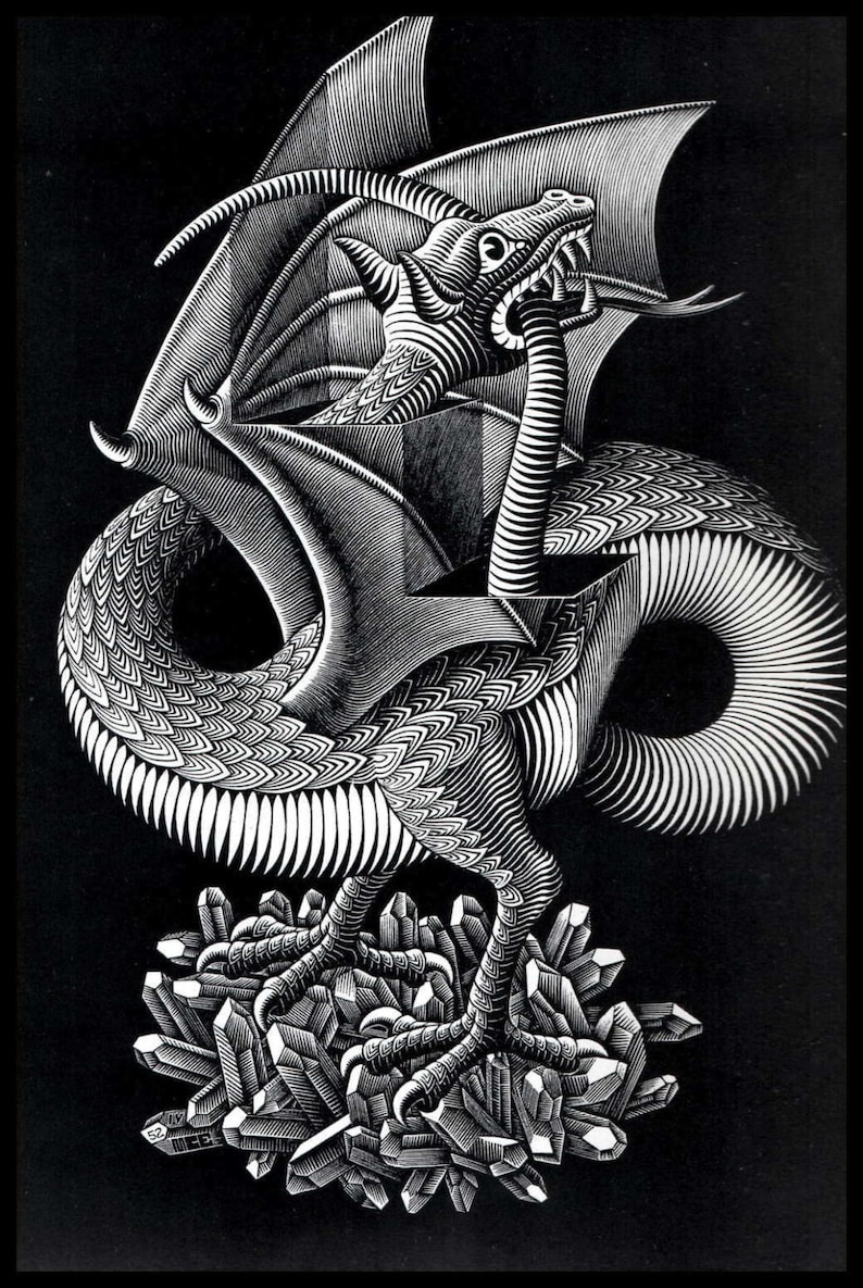 MC Escher Print, Escher Art, Dragon, Circa 1952, Vintage Print, Book Plate Page, Fantasy Illustration, Ready To Frame image 1