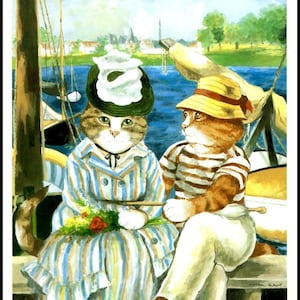 Vintage Cat Art, Manet Spoof by Susan Herbert 1994, Impressionism, Original Book Plate Print, Ready To Frame