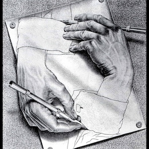 May include: A black and white drawing of two hands drawing each other. One hand is holding a pencil and drawing a line on a piece of paper. The other hand is holding a pencil and drawing a line on a piece of paper.