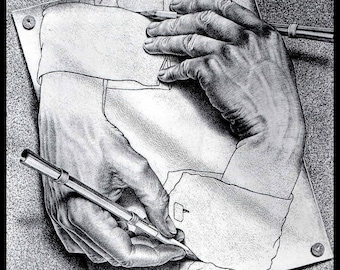 M C Escher Print, Escher Art, "Drawing Hands", Circa 1948, Vintage Print, Book Plate Page, Fantasy Illustration, Ready To Frame