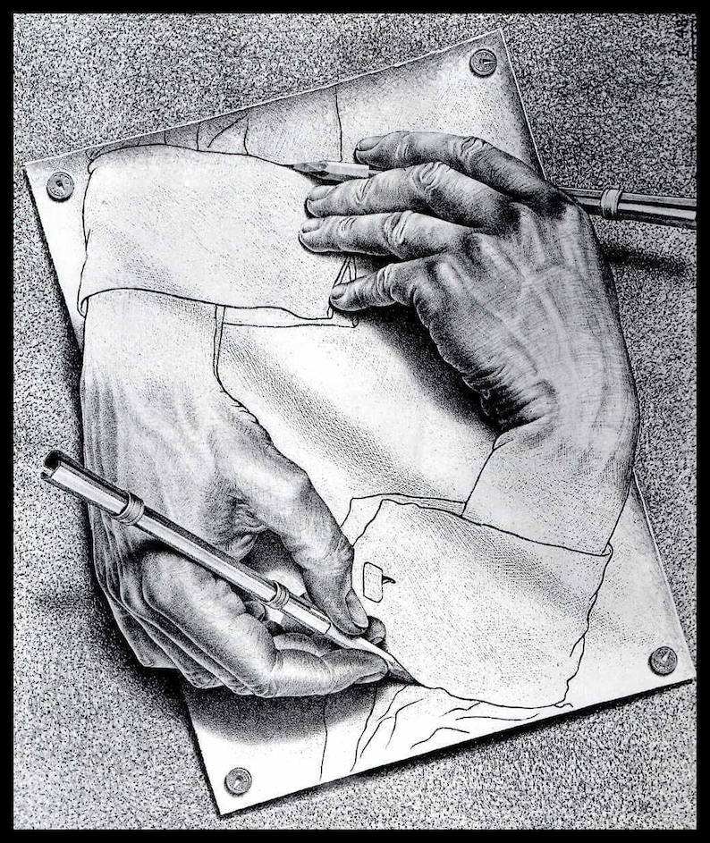 M C Escher Print Escher Art drawing Hands Circa Etsy