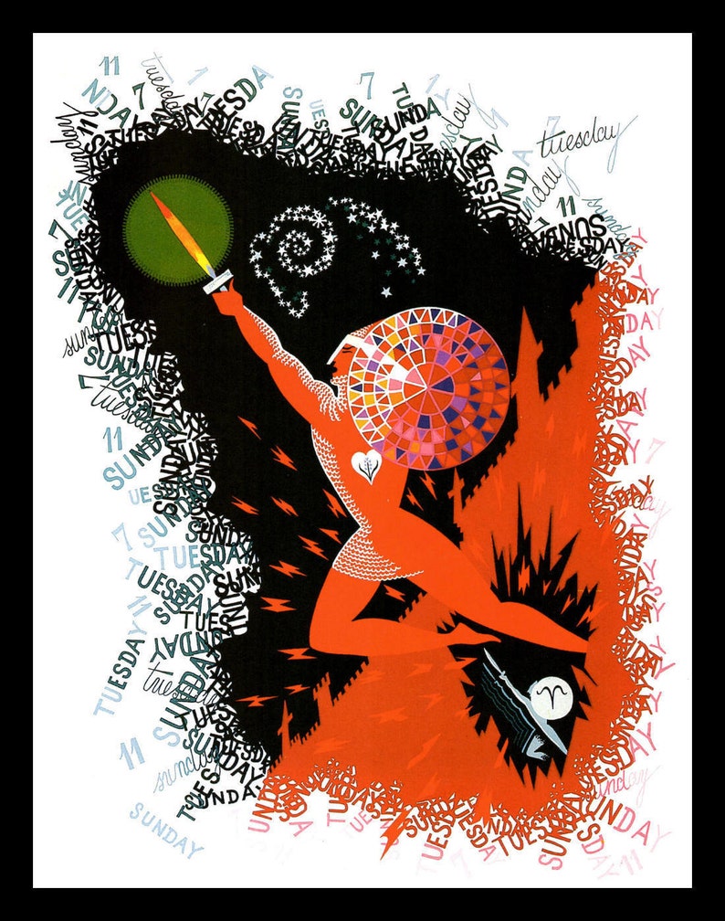 May include: A black and red illustration of a figure holding a torch, surrounded by the days of the week written in a swirling pattern. The figure is wearing a crown with a colorful mosaic design. The illustration is set against a black background with white stars.