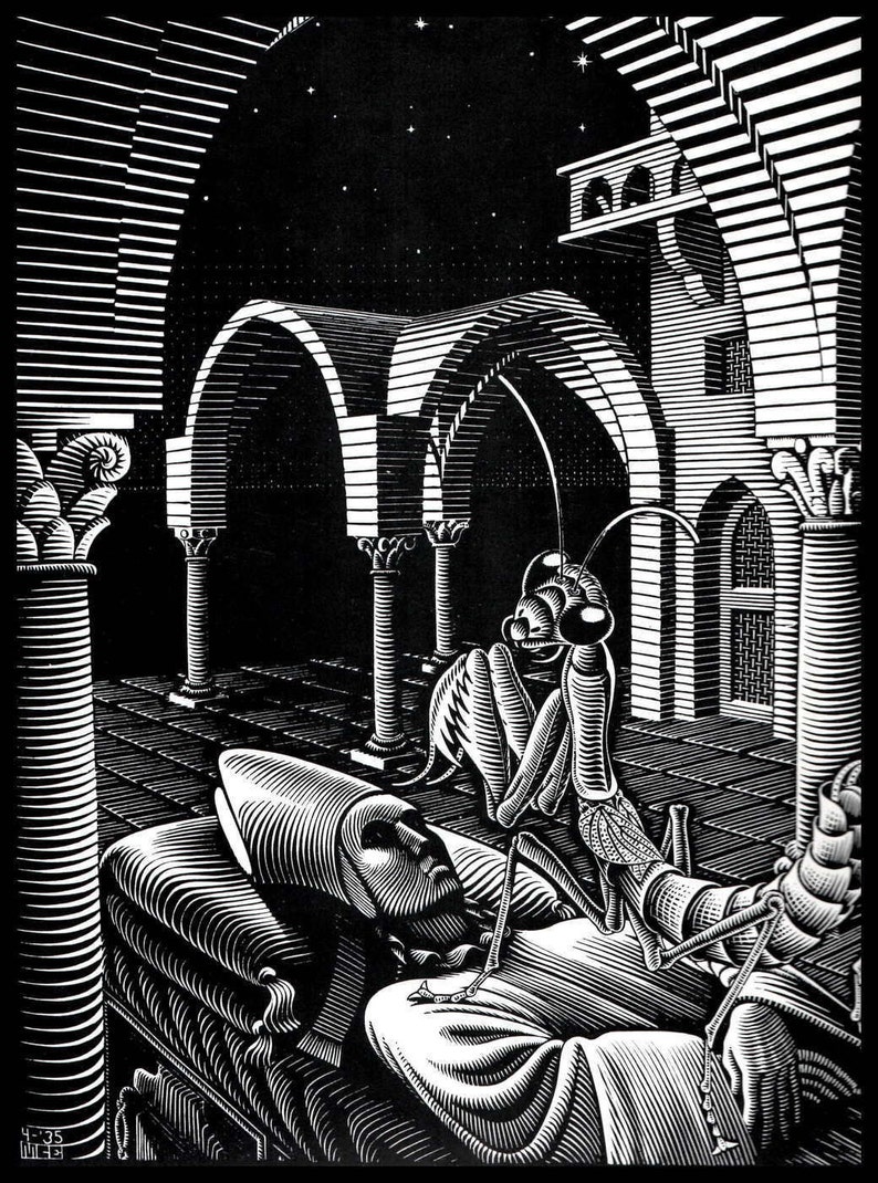 M C Escher Print, Escher Art, Dream, Circa 1935, Vintage Print, Book Plate Page, Fantasy Illustration, Ready To Frame image 1
