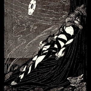 May include: A black and white illustration of a person lying on a bed, surrounded by small, dark shapes. The person is wearing a striped garment and a fur-trimmed cloak. The text "They pressed—they swarmed upon me in ever accumulating heaps." is at the bottom of the image.