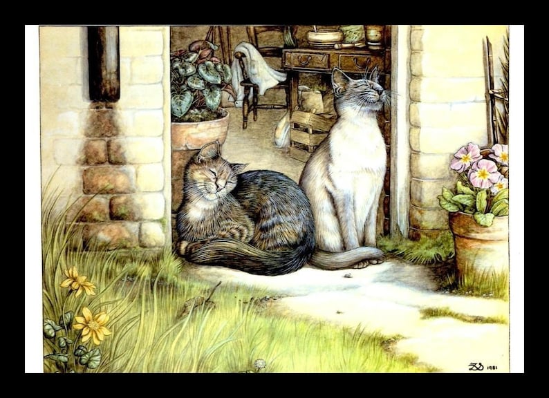May include: Two cats, one tabby and one white, are relaxing outside a brick building. The tabby cat is sleeping with its eyes closed, while the white cat is sitting up and looking to the side. There are plants in pots on either side of the cats.