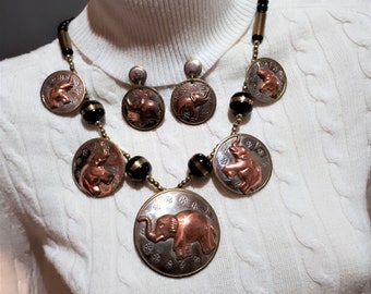 Beautiful Vintage Hand Made In India Copper & Metal Elephant Design Earrings And Necklace Set