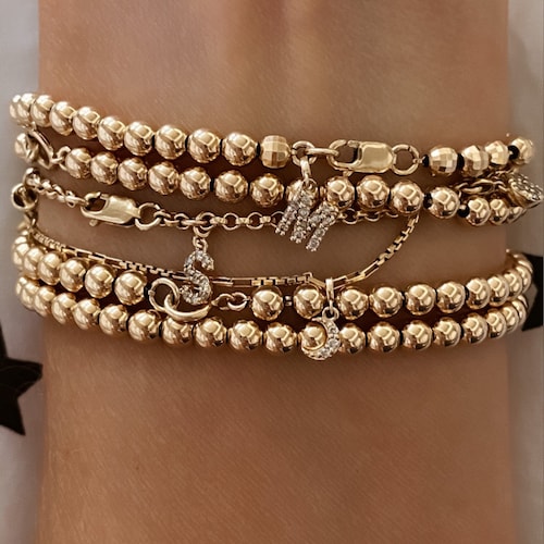 14k Gold Bead Bracelet With Diamond Bead 4mm Etsy