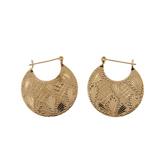 Vintage / Estate Etched Gold Disc Earrings, 14k Ye