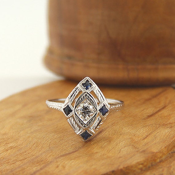 Antique Diamond and Sapphire North South Ring