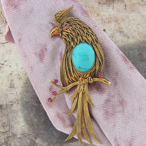 Vintage / Estate 14k Yellow Gold Filigree Parrot … - image 5