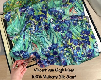 100% Mulberry Silk, Van Gogh Irises Scarf. Large 26x26" Floral Teal Headband. Neck, Hair, Head Scarf. Silk Monet Iris Bandanna Gift for Her.