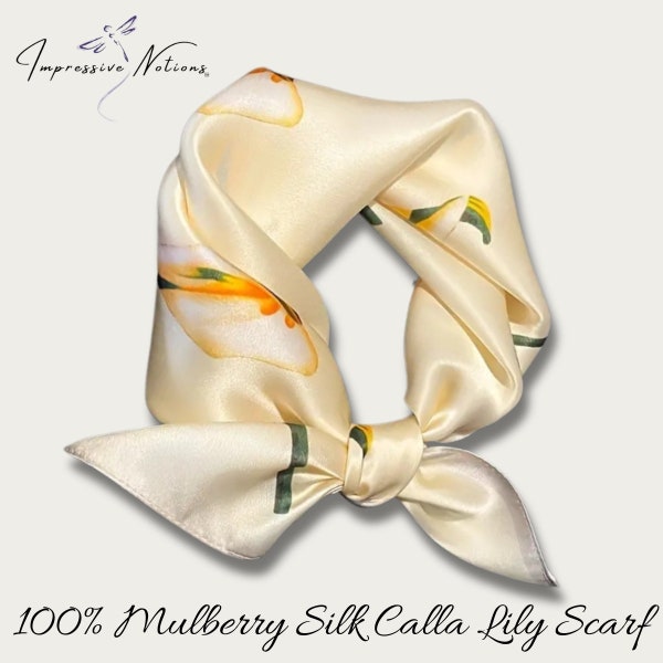 100% Mulberry Silk Vintage-Style Calla Lily Scarf W/ Gift Box. Floral Bandana for Head, Neck, Hair, Purse. Flower Gift for Her Mother's Day