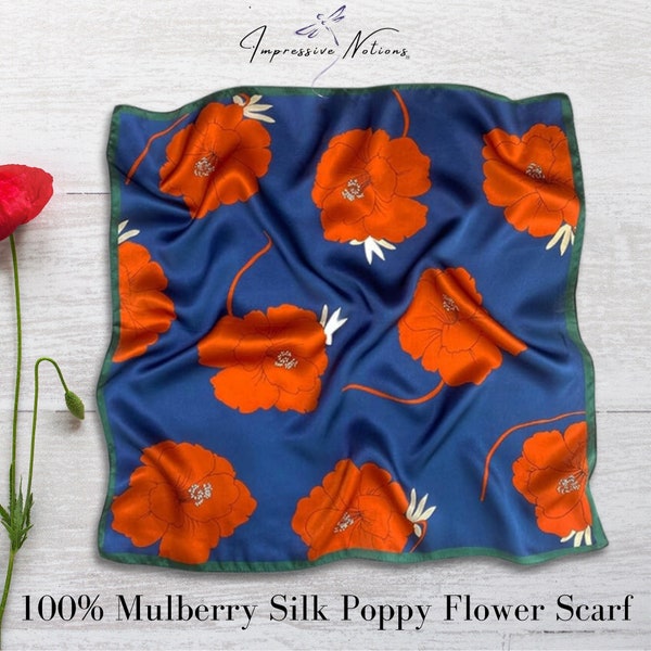 100% Mulberry Silk Vintage-Style Poppy Scarf W/ Gift Box. Blue & Orange Floral Bandana for Head, Neck, Hair, Handbag. Flower Gift for Her