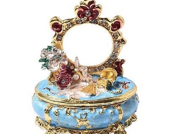 Miniature Victorian-Dresser Trinket/Jewelry Box. Blue Enamel, Austrian Crystal & Gold-tone. Gift for Her Mother's Day, Birthday, Grandmother