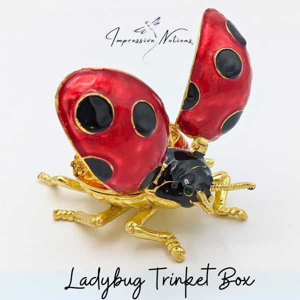 Stunning Ladybug Trinket Box. Hinged Ring/Jewelry Holder. Swarovski Crystals. Red Black Enamel & Gold-Tone Beetle. Mother's Day Gift for Her