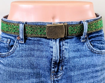 Women's Jacquard Ribbon Belt. Green, Gold and Black, Embroidered Celtic Paisley Pattern Belt For Girls. Cotton Waist Belt for Her