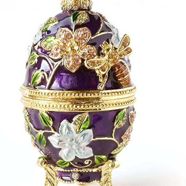 Bee & Flowers Faberge-style Egg Trinket Box. Purple Enamel, Gold Trim, Crystals. Hinged Pewter Jewelry Ring Box/Holder. Easter Keepsake Gift