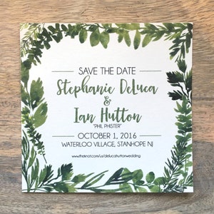 Może przedstawiać: Kartka z zaproszeniem na ślub z zieloną ramką z liści. Tekst brzmi: "Save the Date Stephanie Deluca & Ian Hutton "Phil Phister" October 1, 2016 Waterloo Village, Stanhope NJ www.theknot.com/us/delucahuttonwedding"