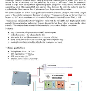 Może przedstawiać: Instrukcja obsługi programowalnego regulatora temperatury PID WiFi. Przewodnik zawiera specyfikacje techniczne, funkcje i schemat okablowania. Schemat przedstawia kontroler, przekaźnik i termoparę.