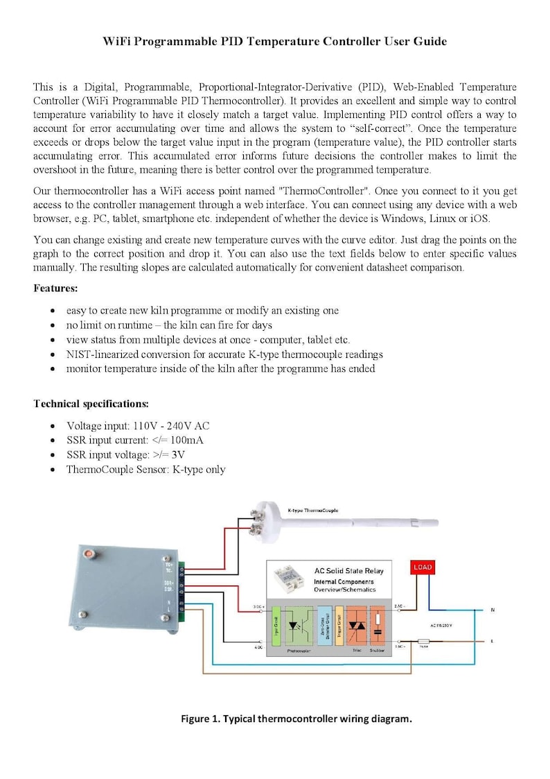 Może przedstawiać: Instrukcja obsługi programowalnego regulatora temperatury PID WiFi. Przewodnik zawiera specyfikacje techniczne, funkcje i schemat okablowania. Schemat przedstawia kontroler, przekaźnik i termoparę.