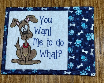 Dog Quilted Mug Rug, Embroidered Snack Mat