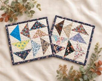 Scrap Quilt Potholder Set: Floral Fabric Hot Pads, Candle Mats, Star Quilted Pot Holders,