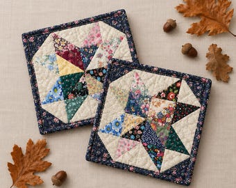 Scrap Quilt Potholder Set: Floral Fabric Hot Pads, Candle Mats, Star Quilted Pot Holders, set #1
