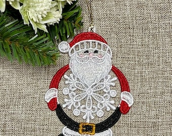 Santa Lace Ornament, Freestanding Lace Christmas Ornament, Embroidered Santa Decoration, Heirloom Christmas Ornament, Stocking Stuffer