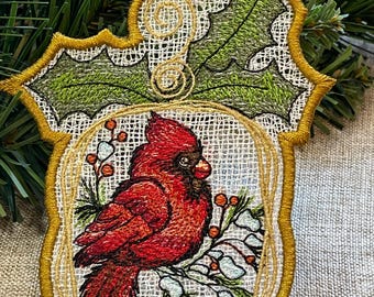 Cardinal Christmas Ornament, Freestanding Lace, Holly Bird Decor
