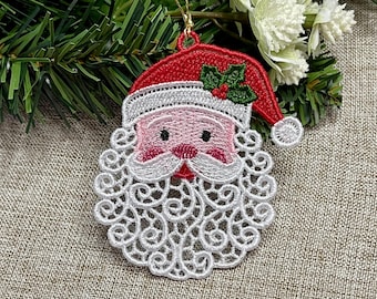 Santa Lace Ornament, Freestanding Lace Christmas Ornament, Embroidered Santa Decoration, Handmade Holiday Gift, Stocking Stuffer