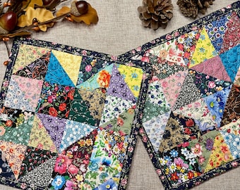 Scrap Quilt Potholder Set: Floral Fabric Hot Pads, Candle Mats, Star Quilted Pot Holders,