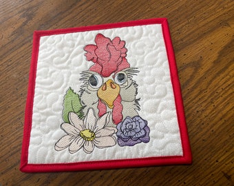 embroidered fabric potholders, Chicken hot pad, Embroidered candle mat, Gift for Mom,