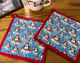 Christmas Kitchen Essential: Penguin Fabric Quilted Potholders - Set of Two