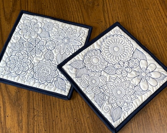 Embroidered Quilt Potholder Set: Blue Floral Hot Pads, Candle Mats