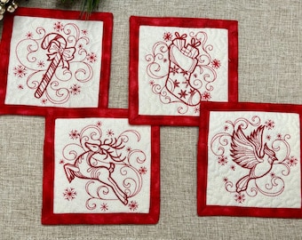 Embroidered Quilted Christmas Coasters, Handmade Holiday Table Decor (Set of 4)