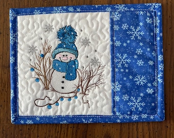 Snowman Embroidered Quilted Mug Rug, Winter Kitchen Decor
