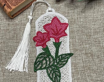 Floral Lace Bookmark, Embroidered Bookmark, Handmade Book Lover Gift, Pink Flower Bookmark