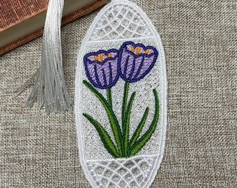 Embroidered Lace Bookmark with Purple Flowers, Handmade Reading Gift